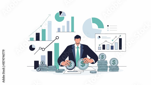 Illustration of a businessman analyzing financial data with charts and graphs in a professional setting.