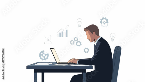 A focused businessman in a suit works on a laptop at a desk with various business-related icons floating around him on a white background.