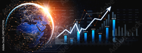An artistic representation of global business growth featuring a rising graph overlaying Earth, blending data visualization with digital network imagery to symbolize market success. Scalp