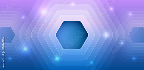 Futuristic abstract background with glowing hexagon shapes, smooth gradient from blue to purple, light effects and modern geometric lines. Perfect for technology, digital and innovation themes.