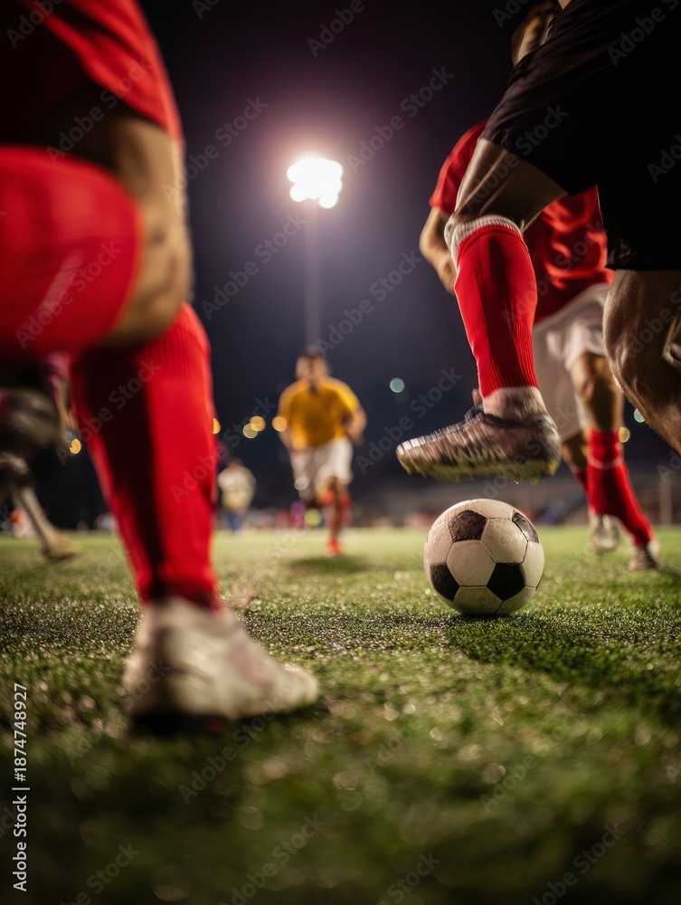 Obraz premium The dynamic moment when players dribble the ball under the illumination of the stadium lights on the football field