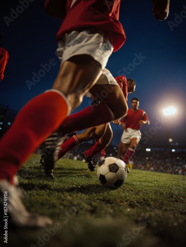 The dynamic moment when players dribble the ball under the illumination of the stadium lights on the football field