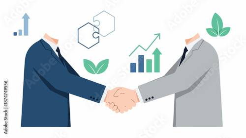 Flat illustration of two businessmen shaking hands with green and blue eco-friendly graphics floating around them on a white background.