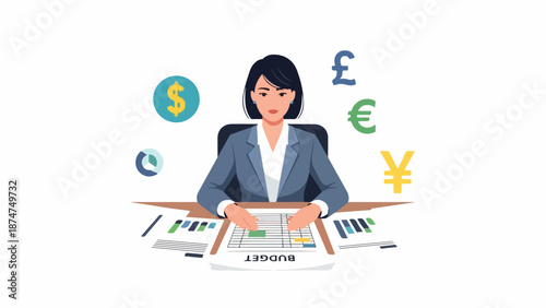 Illustration of a businesswoman analyzing financial documents with currency symbols floating above her desk in a modern office setting.