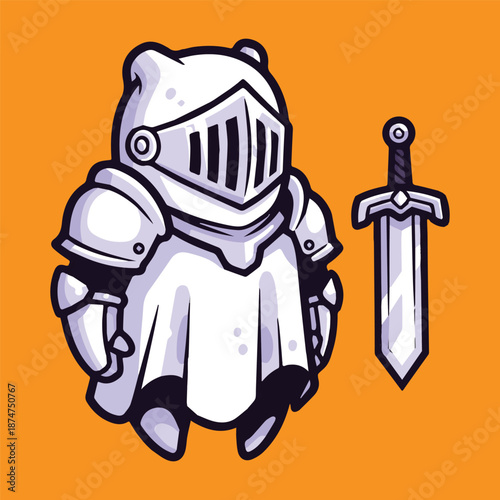 Adorable cartoon bear knight with shining armor and a mighty sword, embodying courage and a whimsical spirit for adventurous fantasy tales and epic gaming journeys