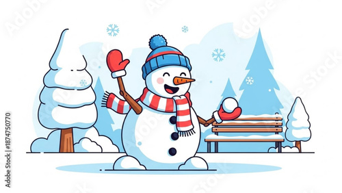 A cheerful snowman wearing a blue hat and red scarf stands in a snowy winter scene with trees and a bench with cartoon with illustration