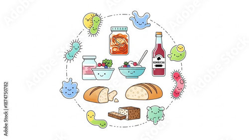 A colorful illustration of various foods surrounded by cartoon bacteria and germs in a circular pattern on a white background with healthy
