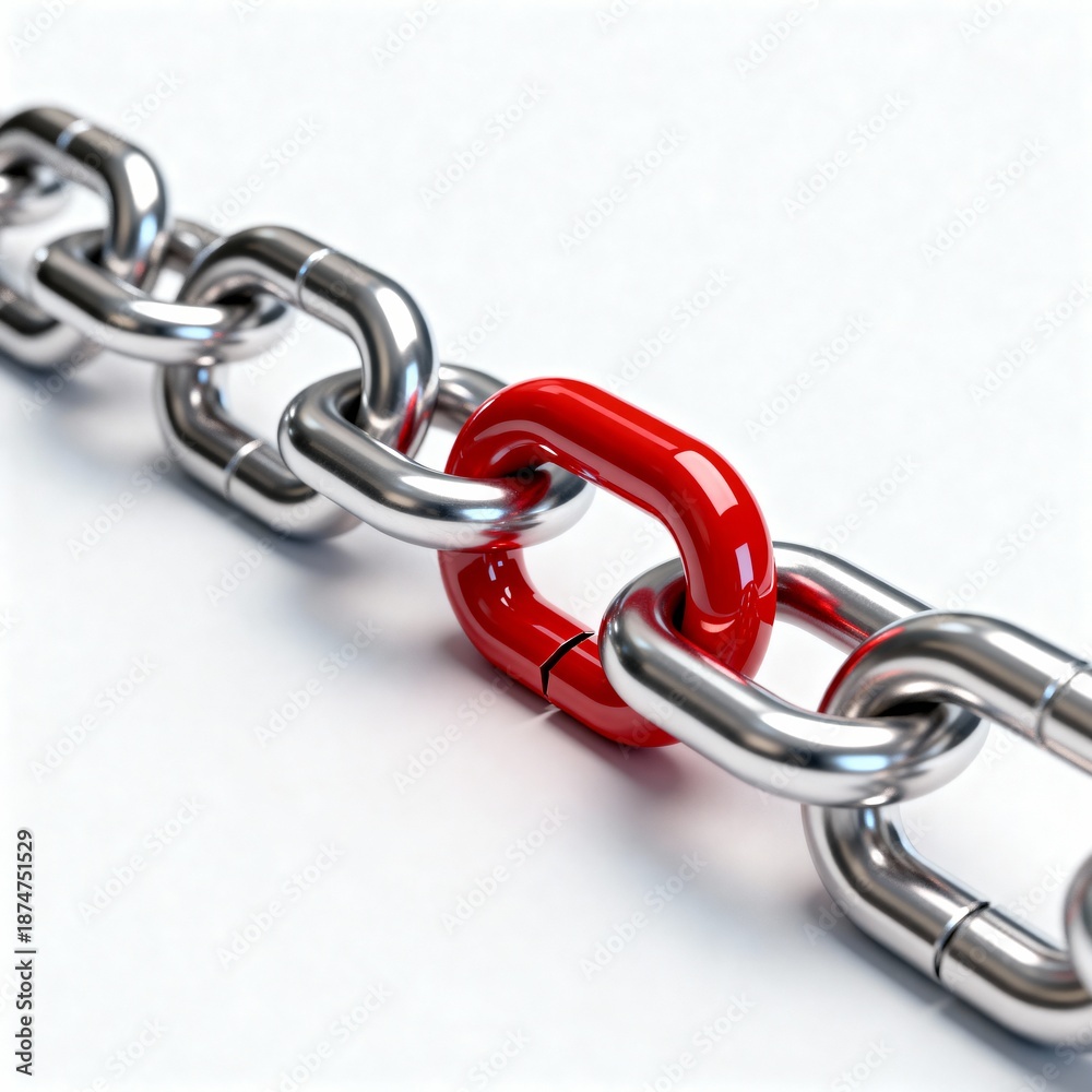 Obraz premium 3D illustration of a metallic chain with one distinct red link symbolizing a weak point or break in the system.