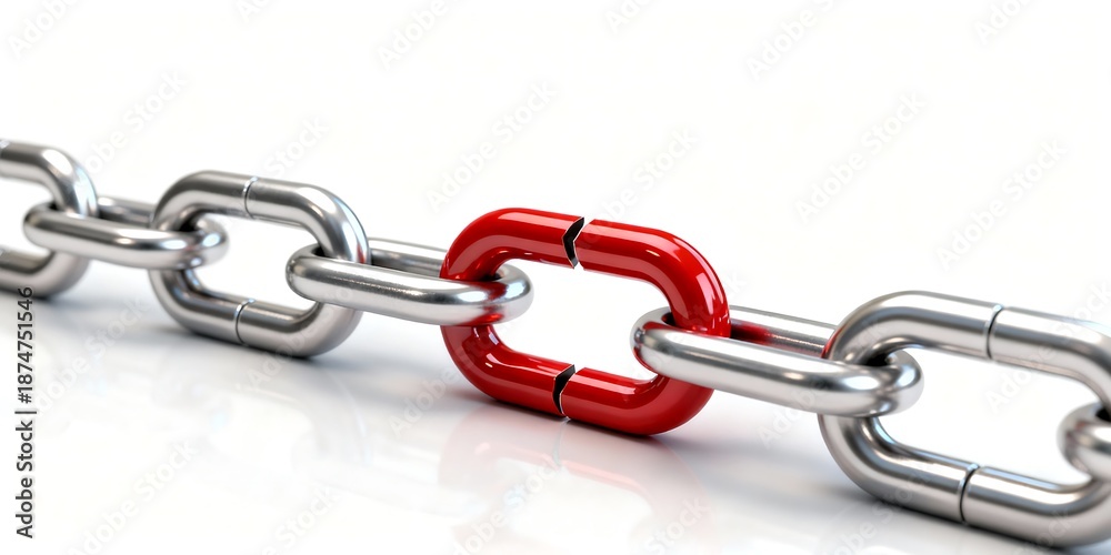Obraz premium Realistic 3D illustration of a metallic chain with one distinct red link symbolizing a weak point or break in the system.