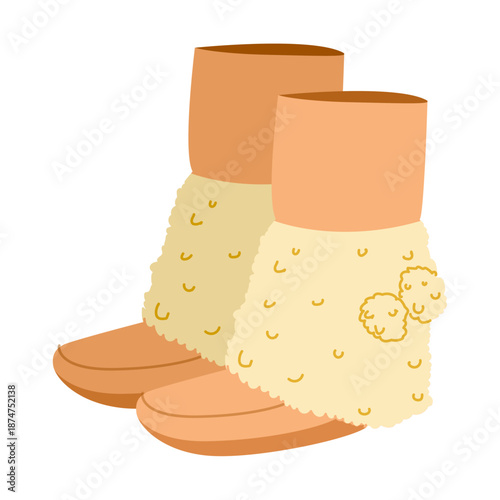Cream pom-pom textured ankle boot women flat pair. Quilted surface with pom-pom trim for ski snowy warm. Technical fashion illustration CAD mockup refined vector men unisex isolated modern style.