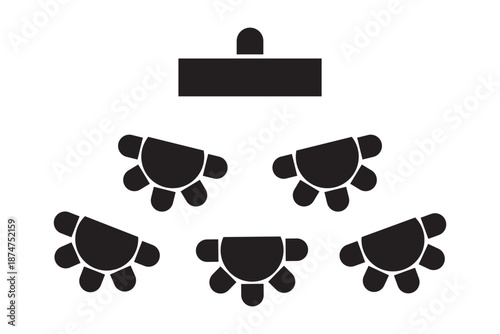 Floorplan of seats arrangement on meeting, seminar, training or other business event. Room seatings interior plan in top view. Schematic tables and chairs silhouettes set. Vector outline illustration