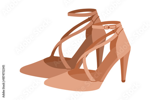 Nude ankle strap stiletto shoe women flat pair. Strappy dress sandal shoe for cocktail, ceremony, dinner. Technical fashion illustration, CAD mockup, refined vector men unisex isolated modern style.