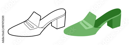 Green loafer mule shoe women flat plus line set. Slip on block heel shoe for travel, everyday capsule outfit. Technical fashion illustration, CAD mockup, mixed vector men unisex isolated chic style.