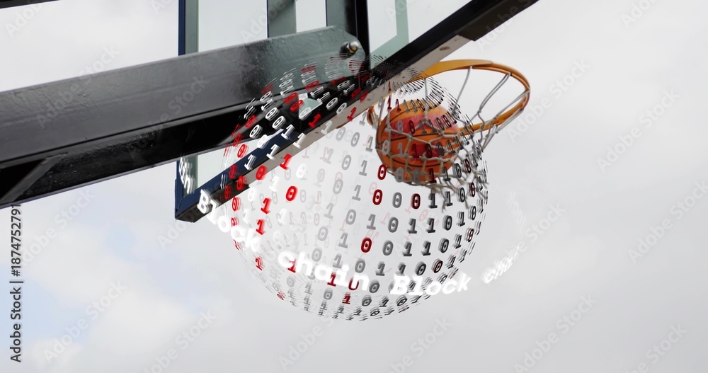 Fototapeta premium Basketball moving through orange rim and white net at outdoor backboard, with binary digits