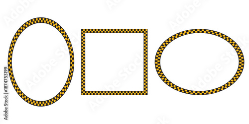 Oval and squre taxi or police frames with black and yellow chequered pattern isolated on white background. Vignettes with checkerboard print. Ellipse shaped frameworks. Vector flat illistration