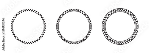 Set of checkered round frames isolated on white background. Vignettes with rally flag or chess board pattern. Circular geometric frameworks with squared print. Vector graphic illistration