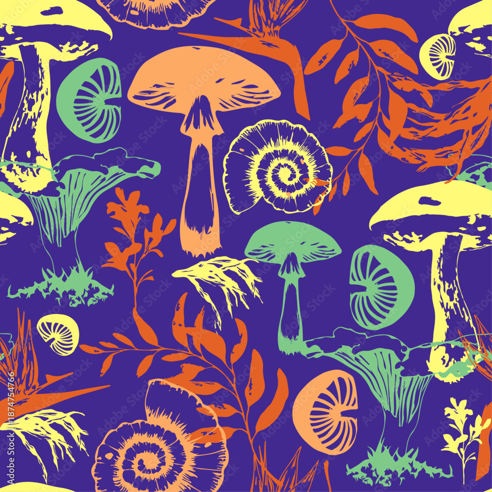 Obraz premium Psychedelic Mushroom Forest - Seamless Botanical Print for Fabric and Wallpaper 