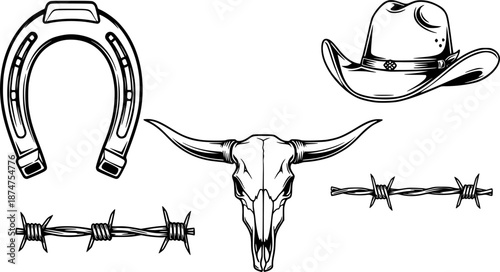 High-resolution vector PNG graphics of western design elements, including horseshoes, cowboy hats, longhorns, and barbed wire, ideal for branding and design 