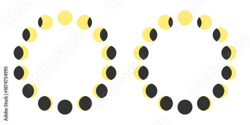 Waning and waxing Moon silhouettes in round frames. Moon phases. Lunar cycle calendar. New, quarter, half and full Luna shapes isolated on white background. Astrology concept. Vector illustration