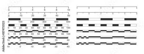 Set of line and bar map scales blank and with numbers. Distance measurement chart templates. Simple cartography navigation elements isolated on white background. Vector graphic illustration