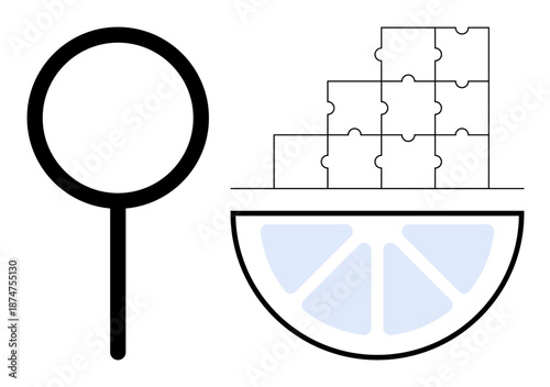 Problem-solving concept. Magnifying glass analysis, puzzle pieces solutions, and citrus slice for fresh perspectives. Problem-solving for business, education, innovation, strategy, creativity