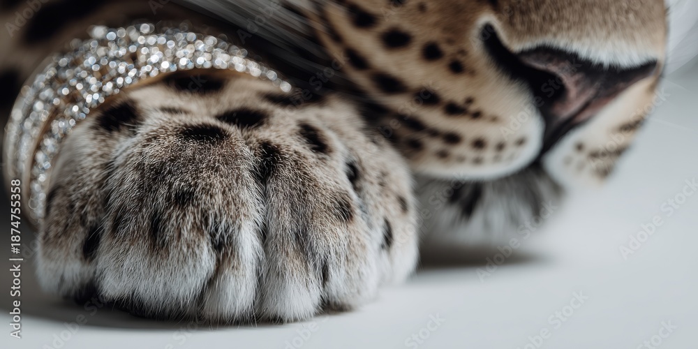 Obraz premium Close up detail of a leopard cat's padded paw resting near its muzzle showcasing luxurious spotted fur and a glittering diamond bracelet accessory.