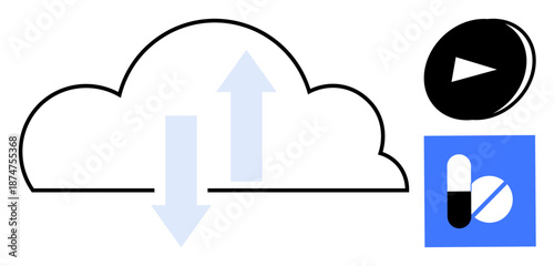 Cloud communication, data storage, technology, media streaming, digital healthcare, online services. A cloud with arrows, media play button and pills on a blue background. Cloud communication