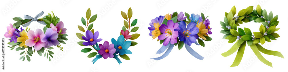 Obraz premium Hand painted flower crown, Colorful floral wreaths arranged in a row, showcasing various blooms and greenery, adorned with ribbons and leaves.