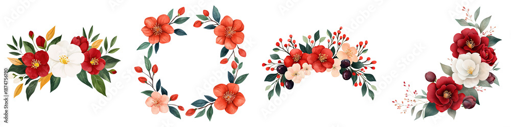 Obraz premium Hand painted flower crown, A collection of floral arrangements featuring vibrant red and white flowers with green leaves, showcasing various styles and compositions.