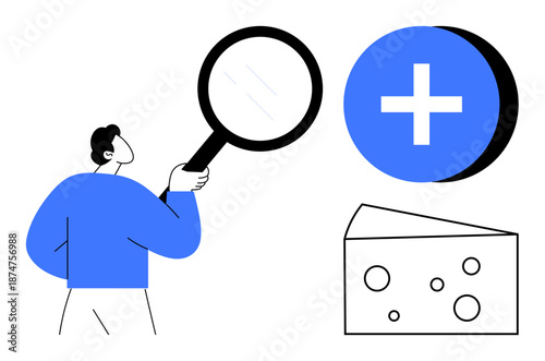 Exploration concept. Exploration ed with a man holding a magnifying glass, blue plus sign, and cheese block. Exploration promotes analysis and curiosity. For research, discovery, innovation
