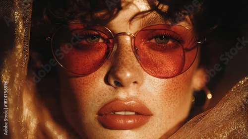 Portrait of a woman wearing sunglasses with a golden fabric backdrop