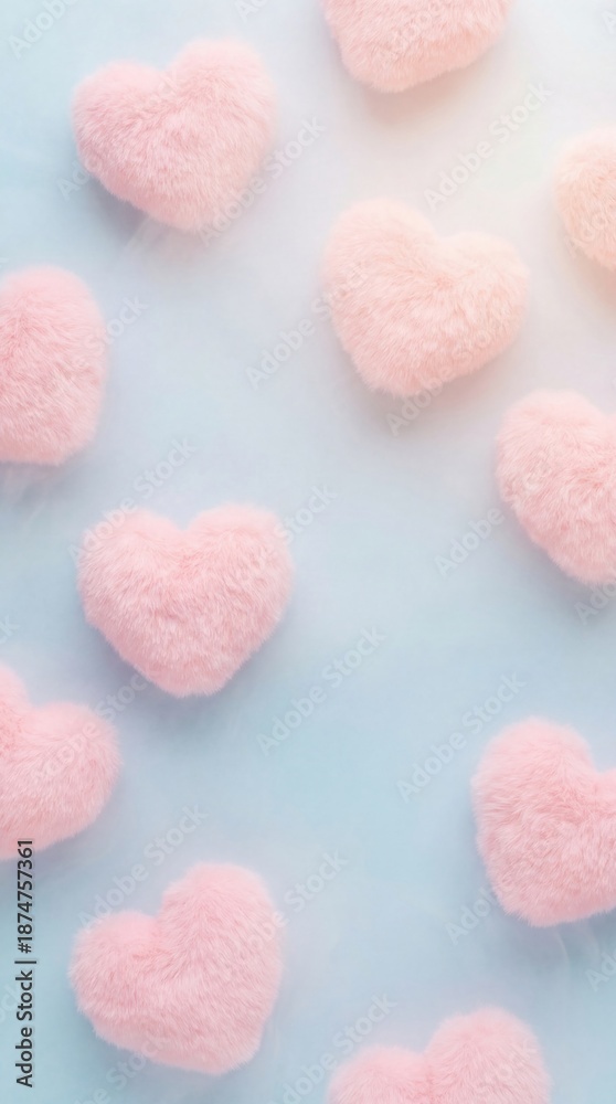 Fototapeta premium Soft pink hearts scattered on a serene blue backdrop, creating a gentle and loving atmosphere. The hearts are fluffy and delicate, adding a touch of tenderness to the scene. 
