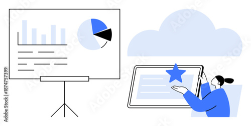Business analytics, digital tools, teamwork, data sharing, online learning, cloud solutions. Graph on board and person engaging with tablet. Business analytics and digital tools concept
