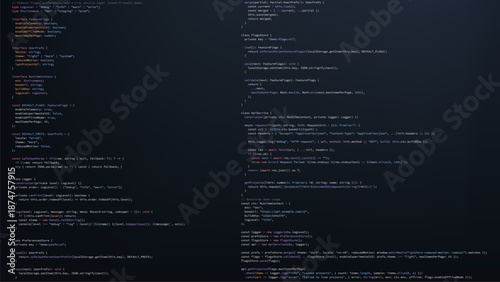Blue code screen with programming data on a monitor. Digital virtual software development with abstract coding data.