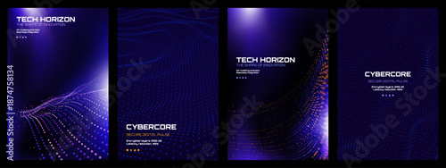 Four digital tech backgrounds with abstract dot patterns and text. Futuristic vector design for technology, data, and innovation concepts.
