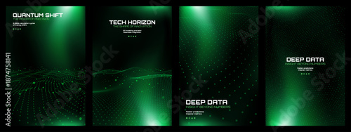 Set of four green digital tech backgrounds. Dark green abstract dotted wave and gradient design for technology concept.