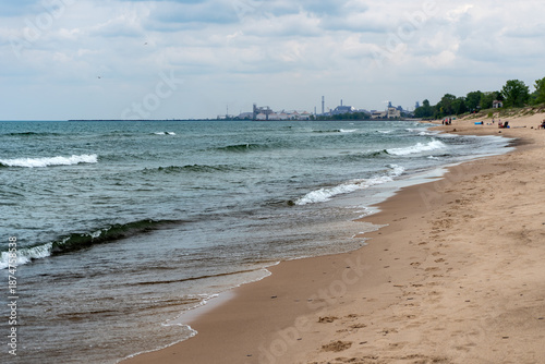 Indiana Dunes National Park along the southern shore of Lake Michigan. West Beach area, a popular beach portion of the park. Cleveland Cliffs, U.S. Steel’s Midwest Plant and Port of Indiana.