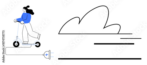 Eco-friendly transportation, urban commuting, sustainable living, electric mobility, clean energy, technology. Woman riding an electric scooter with plug and cloud. Eco-friendly transportation