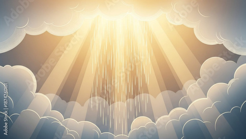 Sunlight shining through fluffy white clouds with sunbeams and rain falling from the sky on a beautiful day with nature and digital