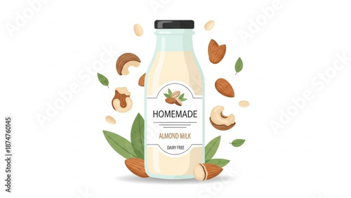 A bottle of homemade almond milk surrounded by cashew nuts and almonds on a white background with green leaves with dairy free with vegan