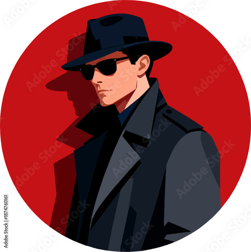 Stylish Detective Fedora Sunglasses Trench Coat Red Circle Silhouette Vector