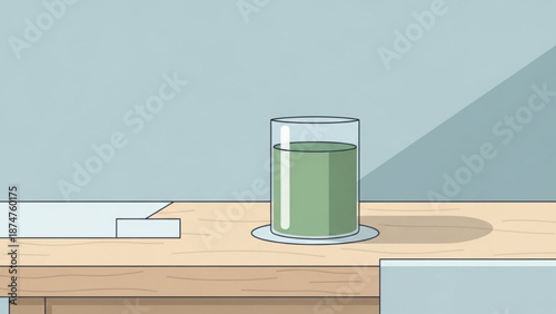 A glass of green liquid on a wooden table with a white coaster and a white object on a blue wall background with drink and beverage