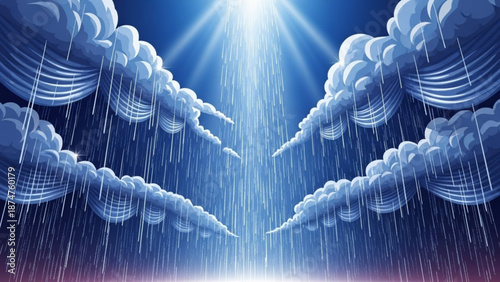 A digital illustration of a dramatic sky with heavy rain pouring down from dark blue clouds illuminated by sun rays with weather with storm