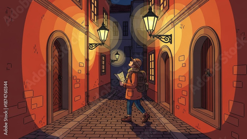 A woman in a red coat stands in a dimly lit alleyway at night reading a map with warm lanterns on the walls and brick pavement with city