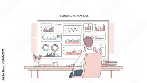 Businessman analyzing market trends on multiple graphs and charts on large computer screen in modern office with analysis and data