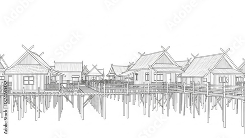 A detailed line drawing of a serene stilt house village on calm water with wooden walkways and traditional roofs with stilt houses