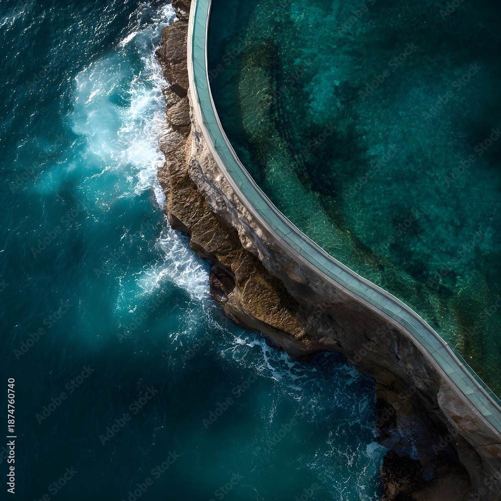 Fototapeta premium Curved glass fence following natural cliff line aerial top down modern architectural landscape design