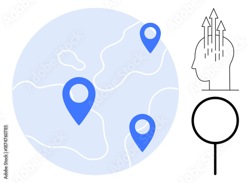 Location tracking. Global navigation markers location tracking and connectivity. Idea concept highlights innovation and brainstorming. For mapping apps, GPS, teamwork, learning tools, innovation