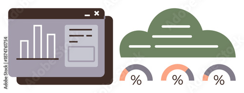 Data analytics, cloud storage, business intelligence, technology, progress tracking, visualization. A browser window with graphs and a cloud icon with percentages. Data analytics and cloud storage