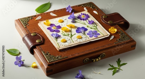 A detailed image of a wooden box with a preserved flower arrangement on top. The box is adorned with brass hardware and leather straps. Scattered petals and leaves add to the aesthetic